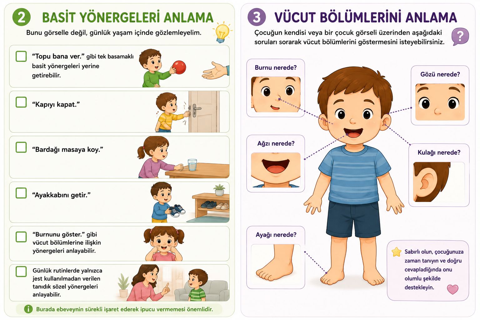 2 yaş basit yönergeleri anlama ve vücut bölümleri